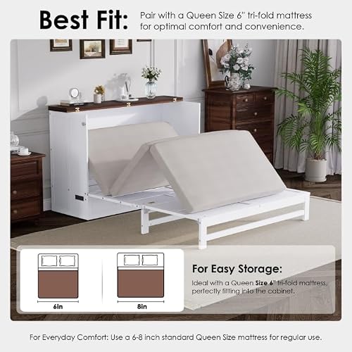 howcool Queen Murphy Bed Cabinet with Charging Station and Large Storage Drawer, Solid Pine Wood Platform Bed Frame, Foldable Cabinet Bed for Home Office, Space Saving Design, White + Walnut - Thumbnail 4