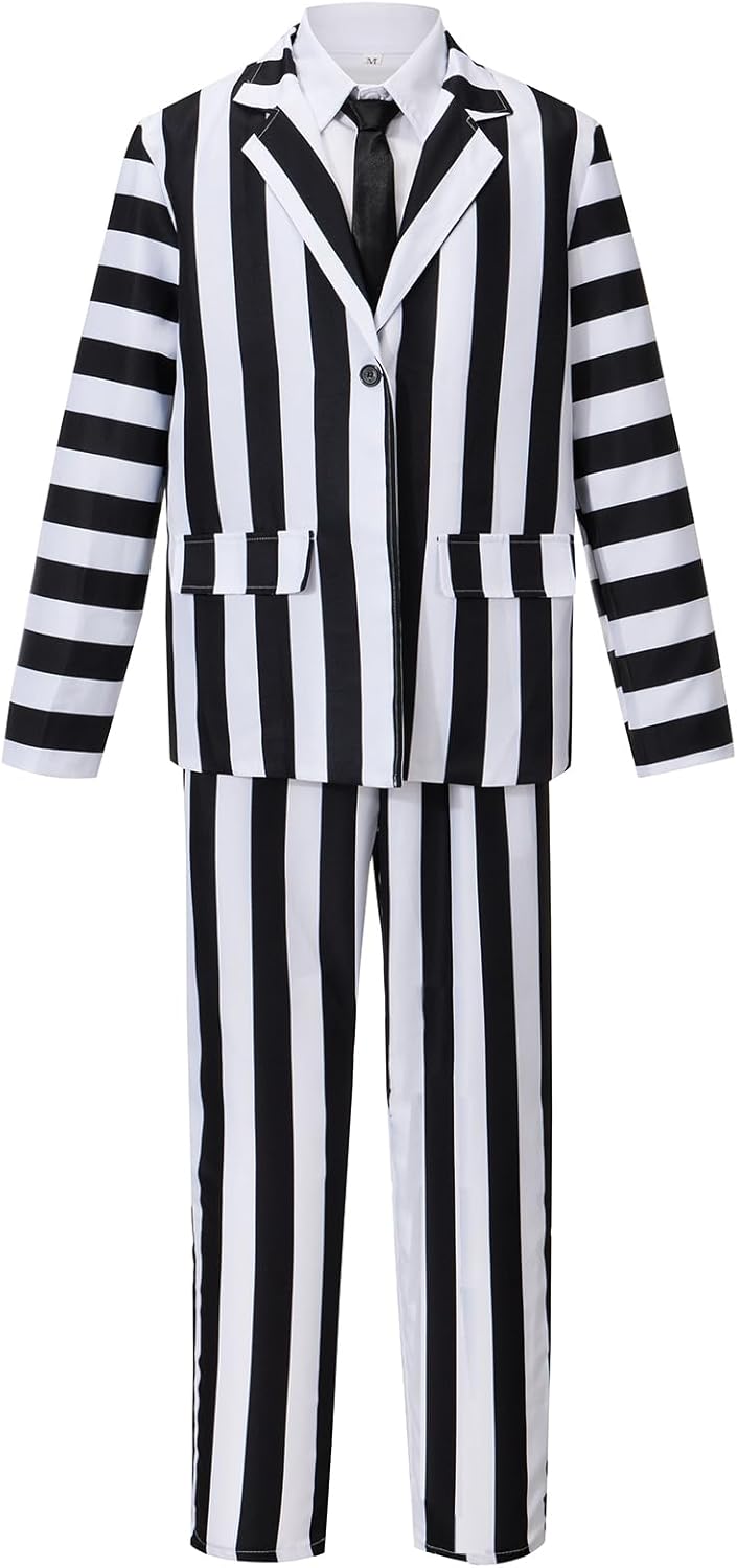 Men's Adult Halloween Costume, Black and White Striped Suit Shirt and Tie, Scary Costumes Spooky Beetla Cosplay Medium