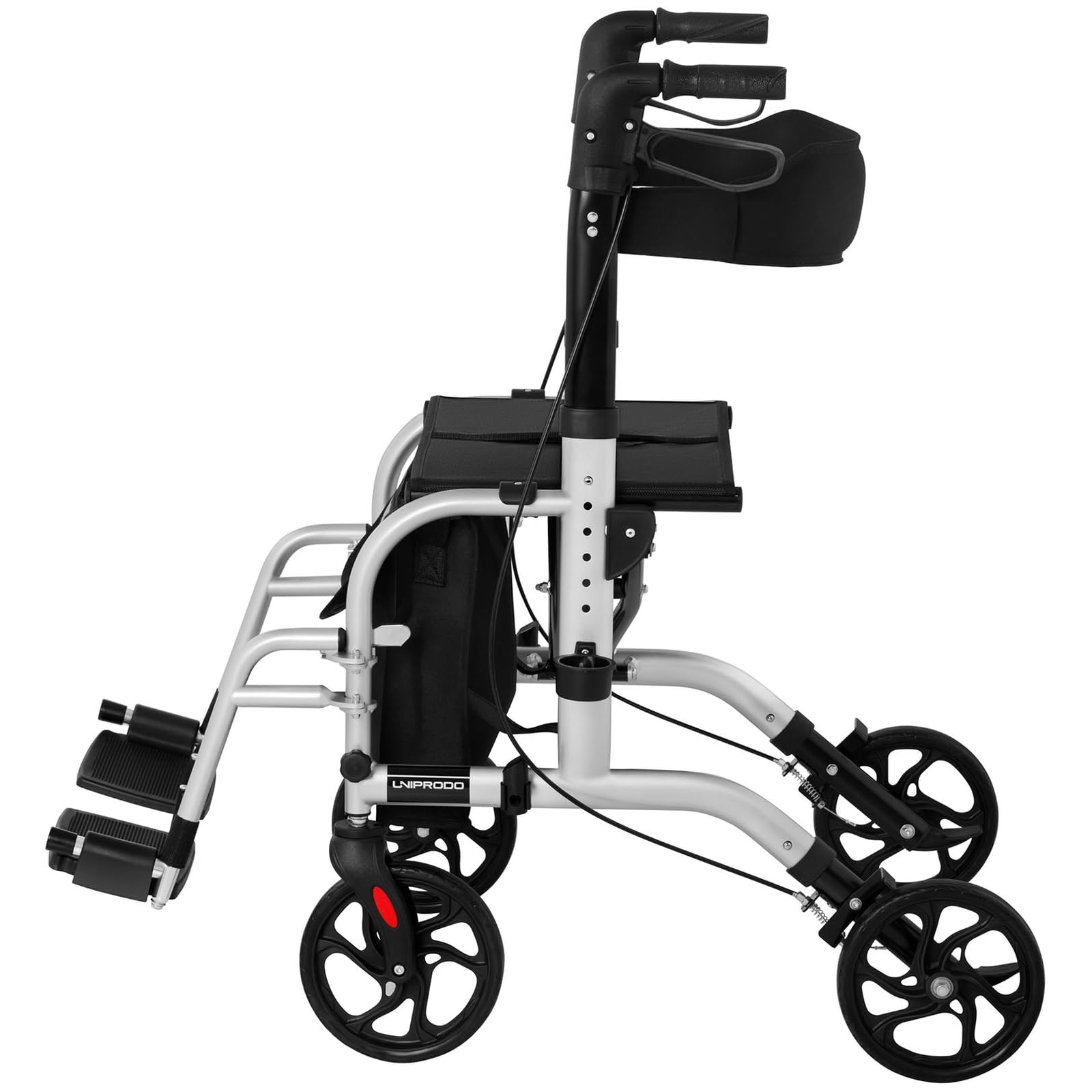 Deambulatore 2 in 1 Rollator per Anziani Sedia a Spinta per Trasporto UNI_ROLL_03 2in1 (Argento, 136 kg, Alluminio, Borsa per la Spesa, 4 Ruote)