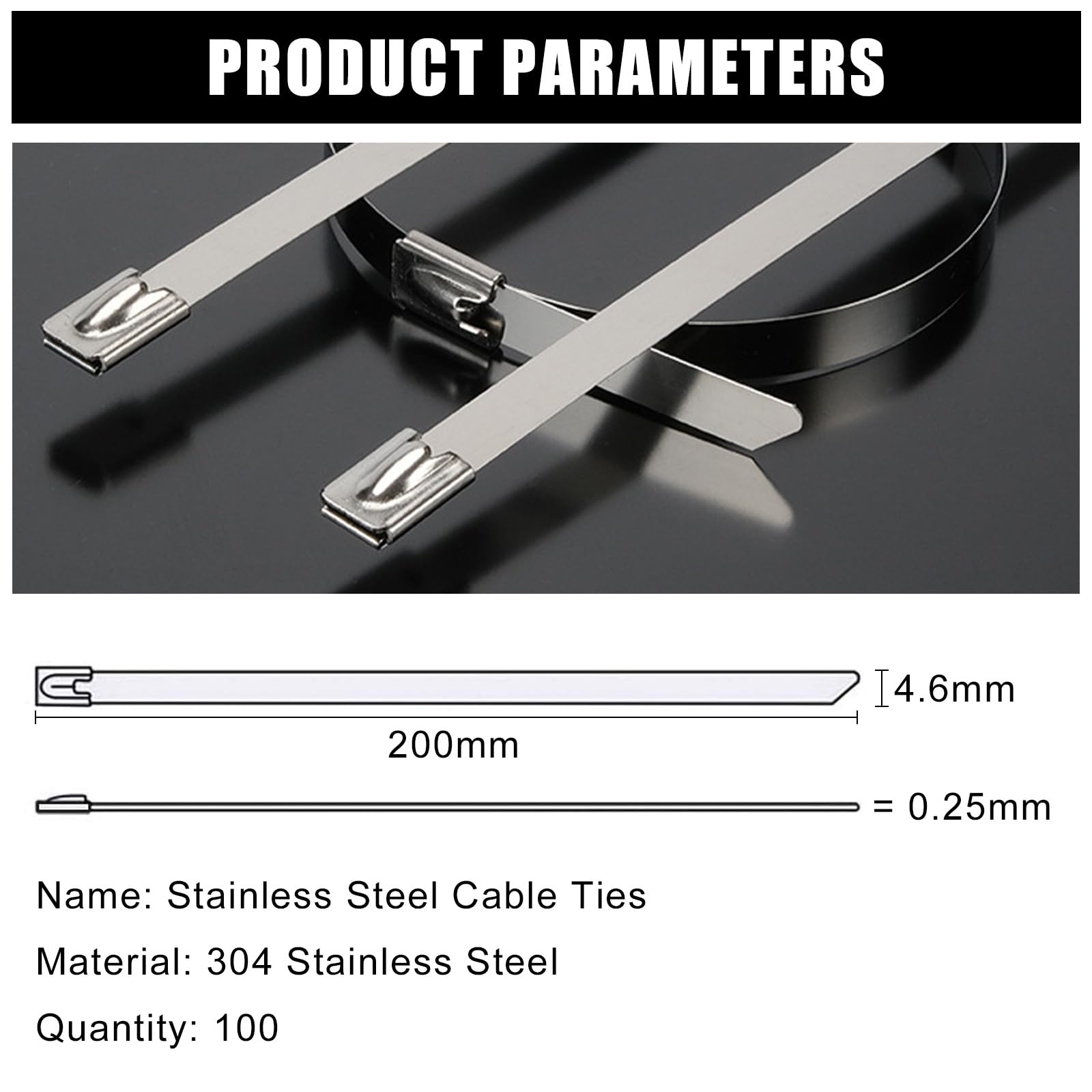 100 PCS 304 Stainless Steel Cable Ties with Steel Ball Stopper, 4.6 * 200mm Metal Cable Ties, Heavy Duty - Image 2