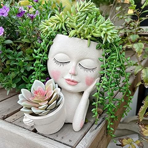 ASDFG Face Plant Pot - Double Flower Pots for Indoor Outdoor Plants Resin Head Planter with Drainage Hole Cute Lady Face Plant Pots, Garden Decoration Planters, Medium Cover
