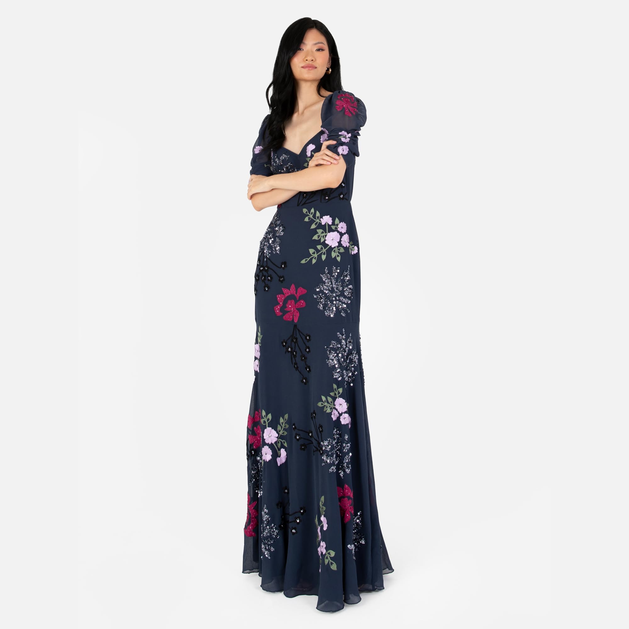 Maya Deluxe Women's Maxi Dress Ladies Embroidered Sweetheart Neckline Ruched Sleeves for Wedding Guest Bridesmaid Prom Ball Gown, Vestido Mujer, Navy,