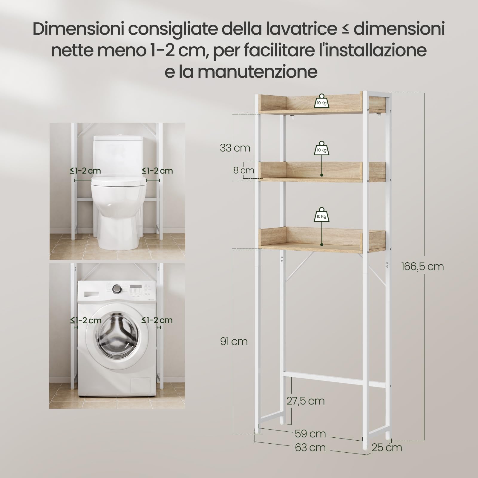 EUGAD Mobiletto Bagno Salvaspazio, Scaffale Lavatrice con 3 Ripiani, per Lavanderia, Bagno, Soggiorno, Balcone, Legno e Metallo, Rovere Chiaro+Bianco, 63x25x166,5 cm