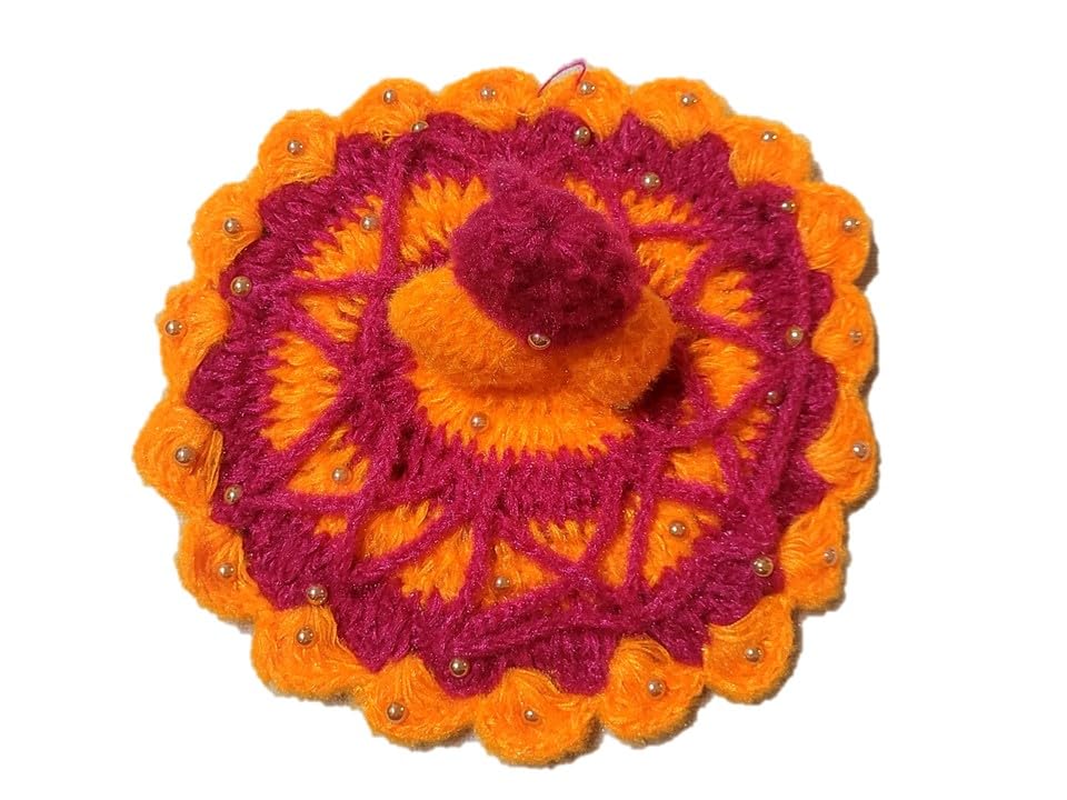 Image of Triash Laddu Gopal Handmade Woolen Dress with Cap (10 * 10 Inch for 5 no. Kanha ji) (Rose Pink and Orange)