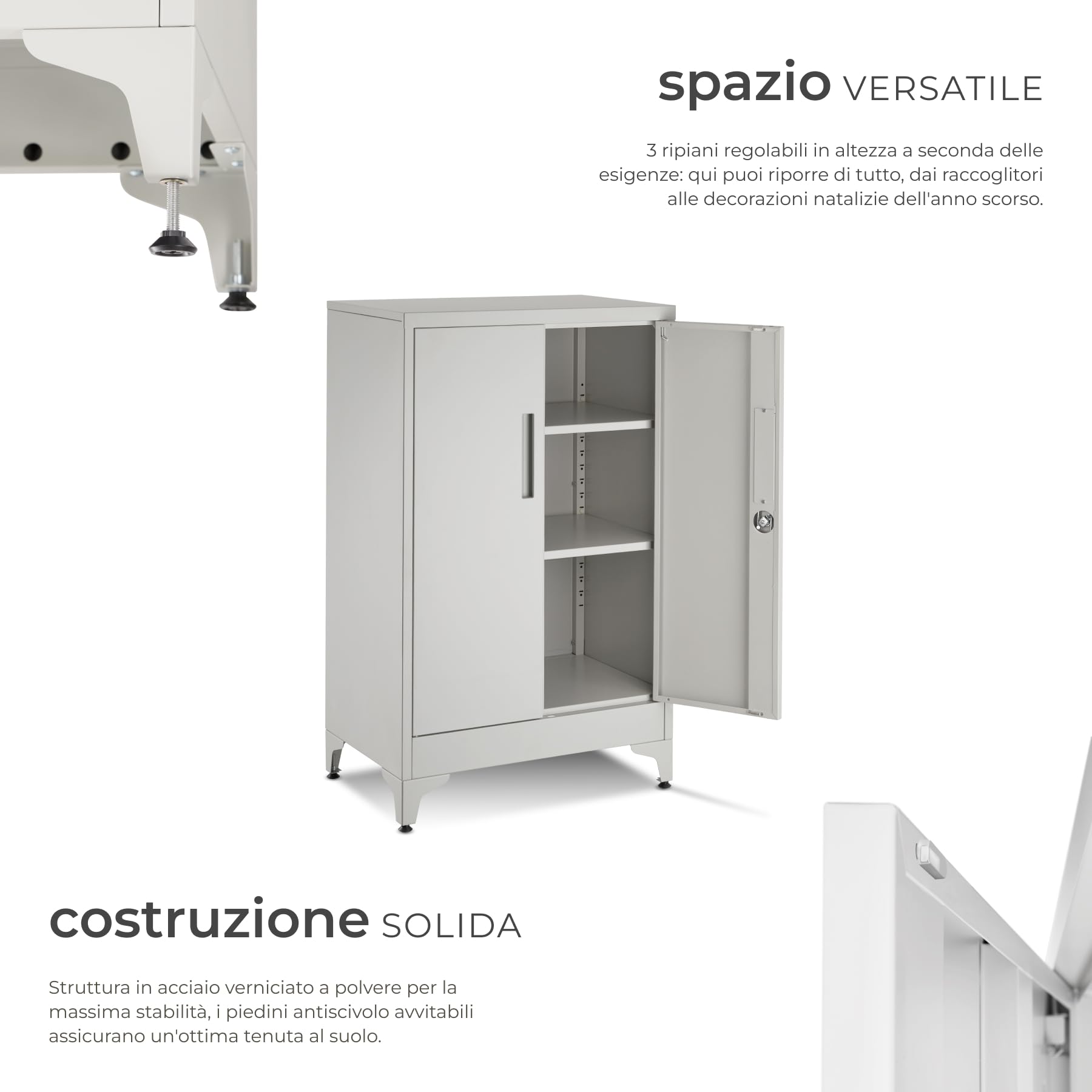 tectake® Armadietto in Metallo Portadocumenti in Acciaio, 60 x 40 x 100 cm, 3 Ripiani Regolabili, Chiusura Magnetica e Chiave, Scaffale Metallo Garage, Mobile Ufficio, Piedini Regolabili - Grigio