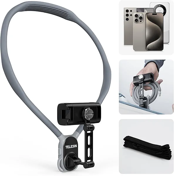 TELESIN° Neck Phone Holder POV/Vlog Neck Mount for Phones with Phone Clip, Hands Free Phone Neck Holder w Chest Strap Neck Selfie Mount Video Recording for iPhone Samsung Google Pixel and All Phones
