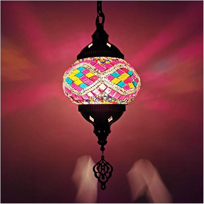 WDBB hanglamp Kroonluchters Hanglamp Creative Boheemse stijl Mozaïek opknoping licht handgemaakte kleurrijke glazen schaduw kroonluchter (6 kleuren) E14 lamp kookeiland, eetkamer (Color : Pink)