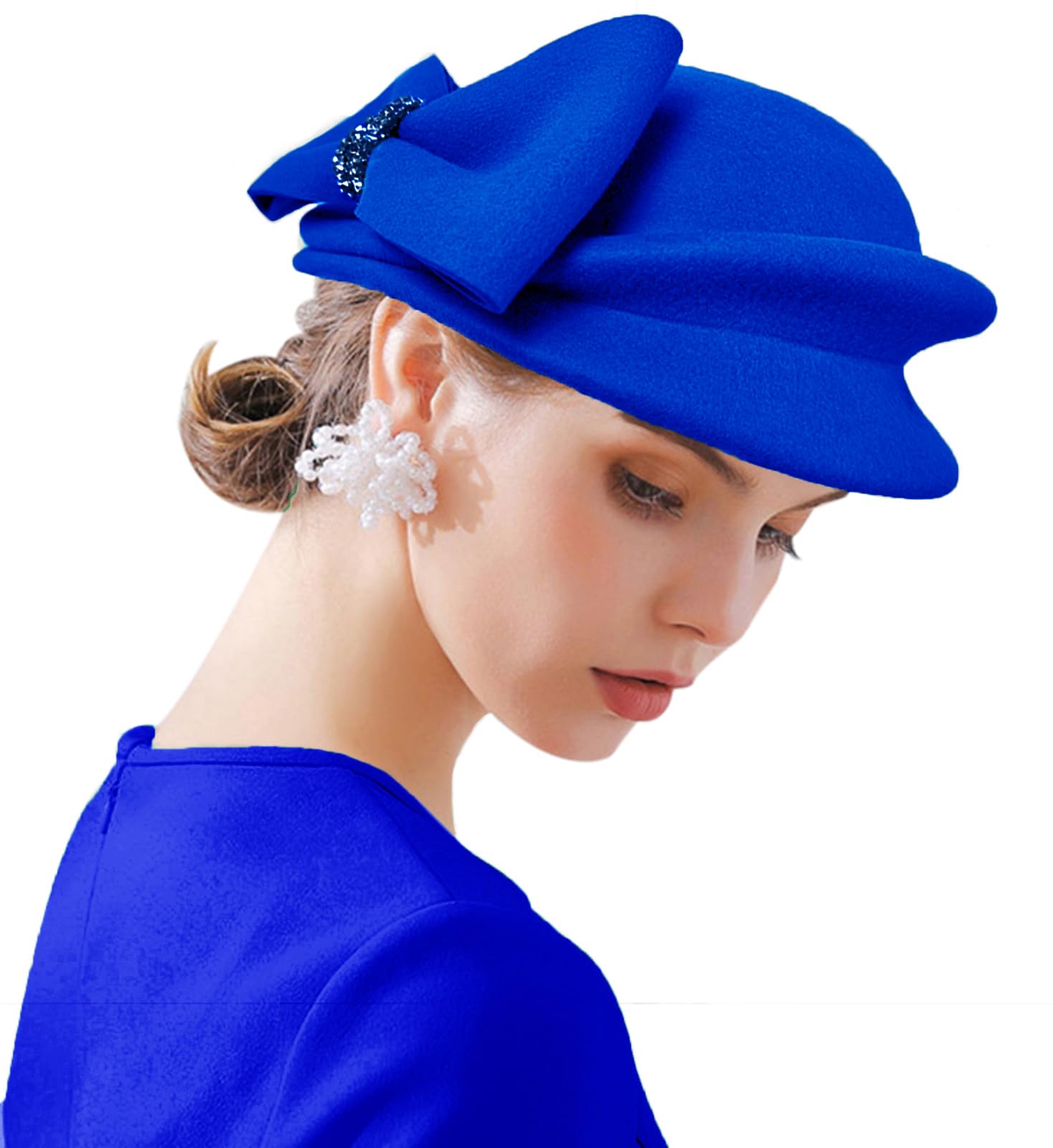 ORIDOOR Women Vintage 100% Wool Felt Flowers Bucket Cloche Bowler Hat Church Wedding Beret Hat, E8 Royal Blue, One Size