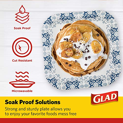 Glad 10" Square Paper Plates | Soak Proof Disposable Paper Plates | 50 Ct White Paper Plates With Blue Victorian Design, Strong & Heavy Duty Square Paper Plates (12 Pack, 600 Plates Total) #TOP2