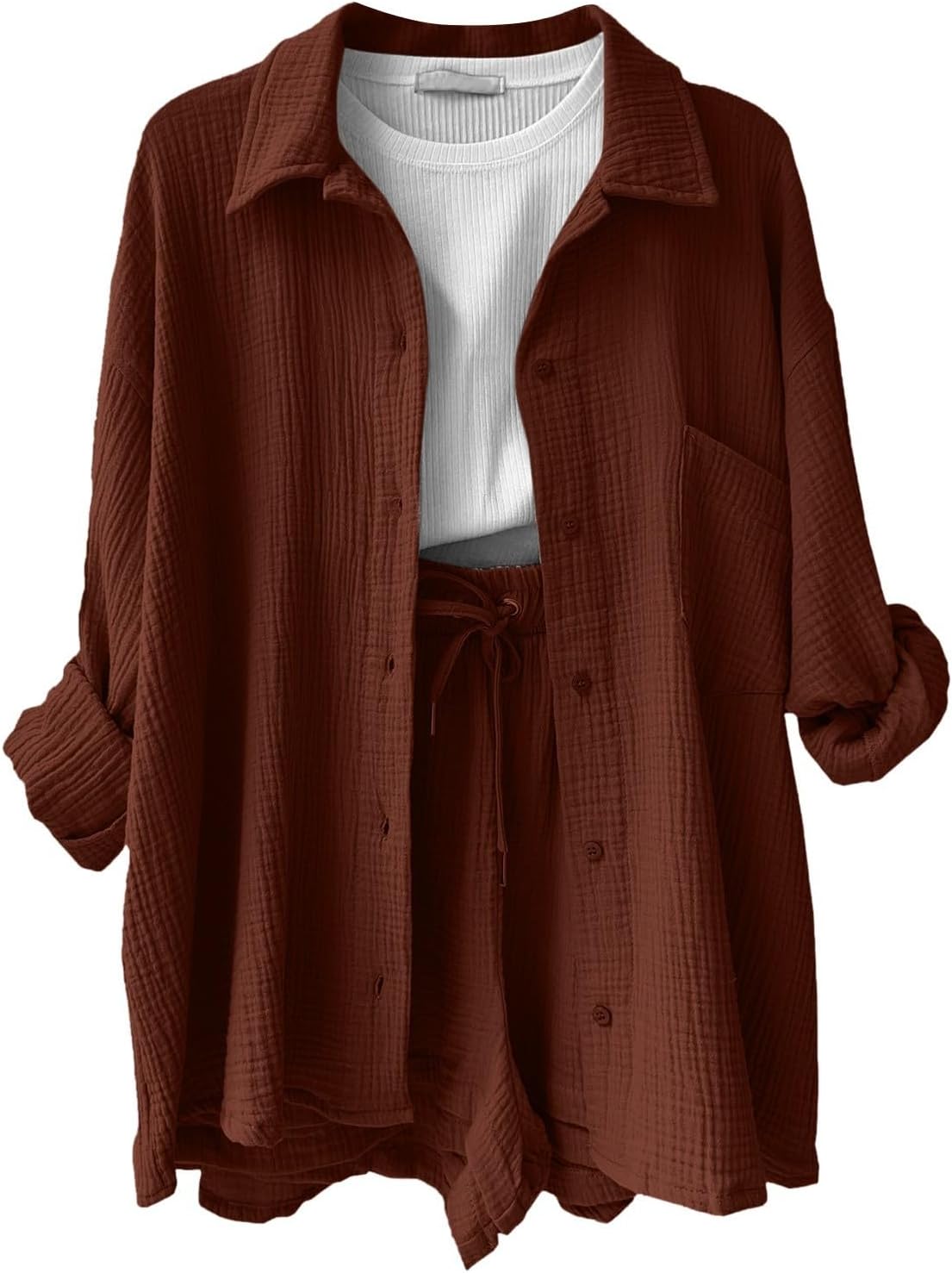 Two Piece Linen Short Sets Women Long Sleeve Button Down Shirt Top and Shorts Casual Summer Vacation Outfits Ladies