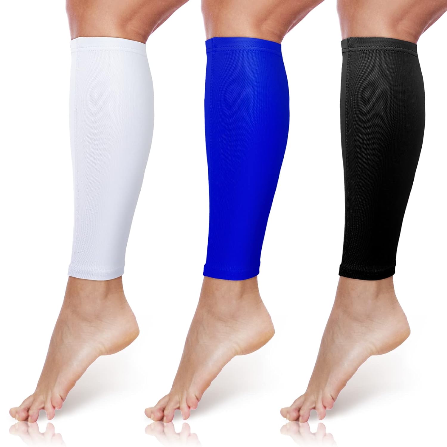 3 Pairs Calf Compression Sleeves for Men And Women Football Leg Sleeve Footless Compression Sock for Running Athlete Cycling (Black, White, Blue, Small)