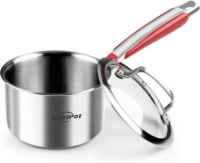 HOLIPOT Professional Non Stick Small Saucepan with Lid, 14cm Induction Mini Saucepan Milk Pan, Tri-Ply Thick Stainless Steel Sauce Pan with Handles for All Stove Tops Cooking Pot
