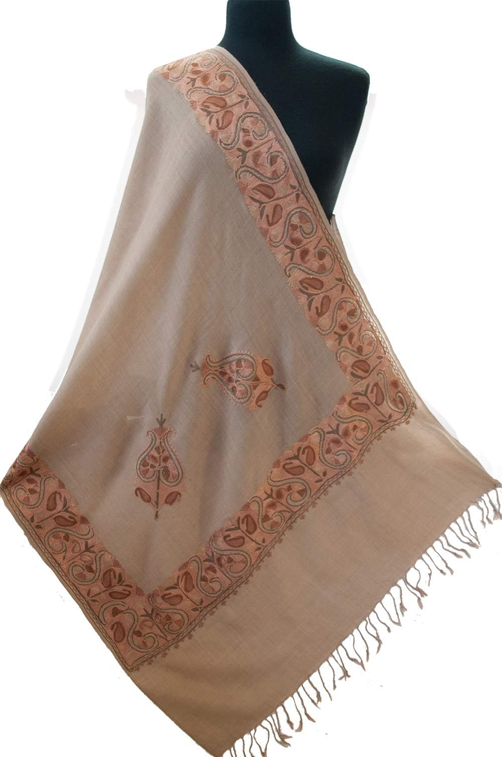 Crewel Embroidered Lovely Beige Wool Shawl From India. Warm Tones Pashmina Style