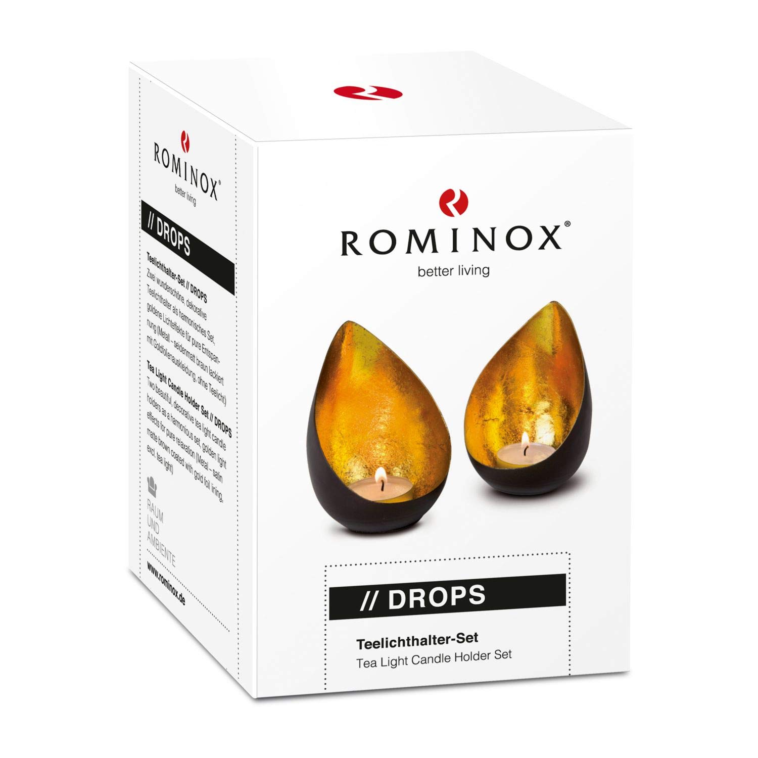 ROMINOX Artykuł prezentowy zestaw świeczek typu tealight // Drops – 2-częściowy, błyszczący złoty blask świec, ze złotą folią, Boże Narodzenie, przyjęcie przy grillu, Walentynki, Dzień Matki; wymiary: każda ok. 7,9 x 7,5 x 11 cm