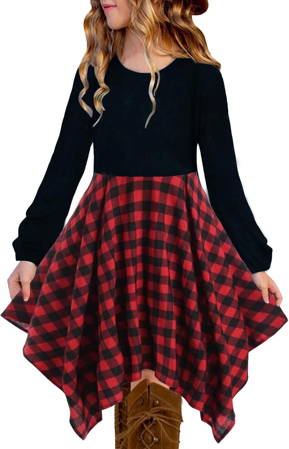 KYMIDY Girls High Low Midi Dress Long Sleeve Boho Swing Casual Dresses with Pockets for Kids 6-12 Years