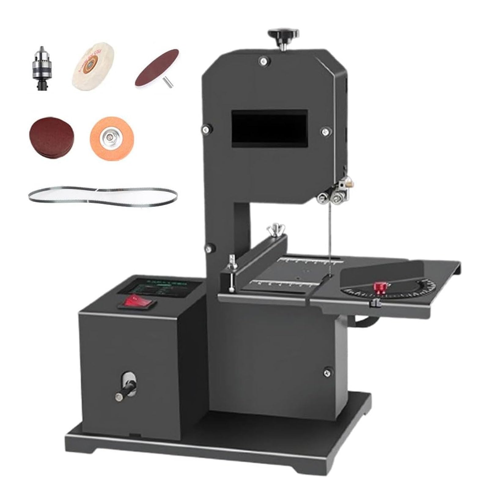 Sierra de cinta profesional de mesa con motor de cobre resistente, profundidad de corte de 70 mm, bisel ajustable y base de metal estable para carpintería de precisión