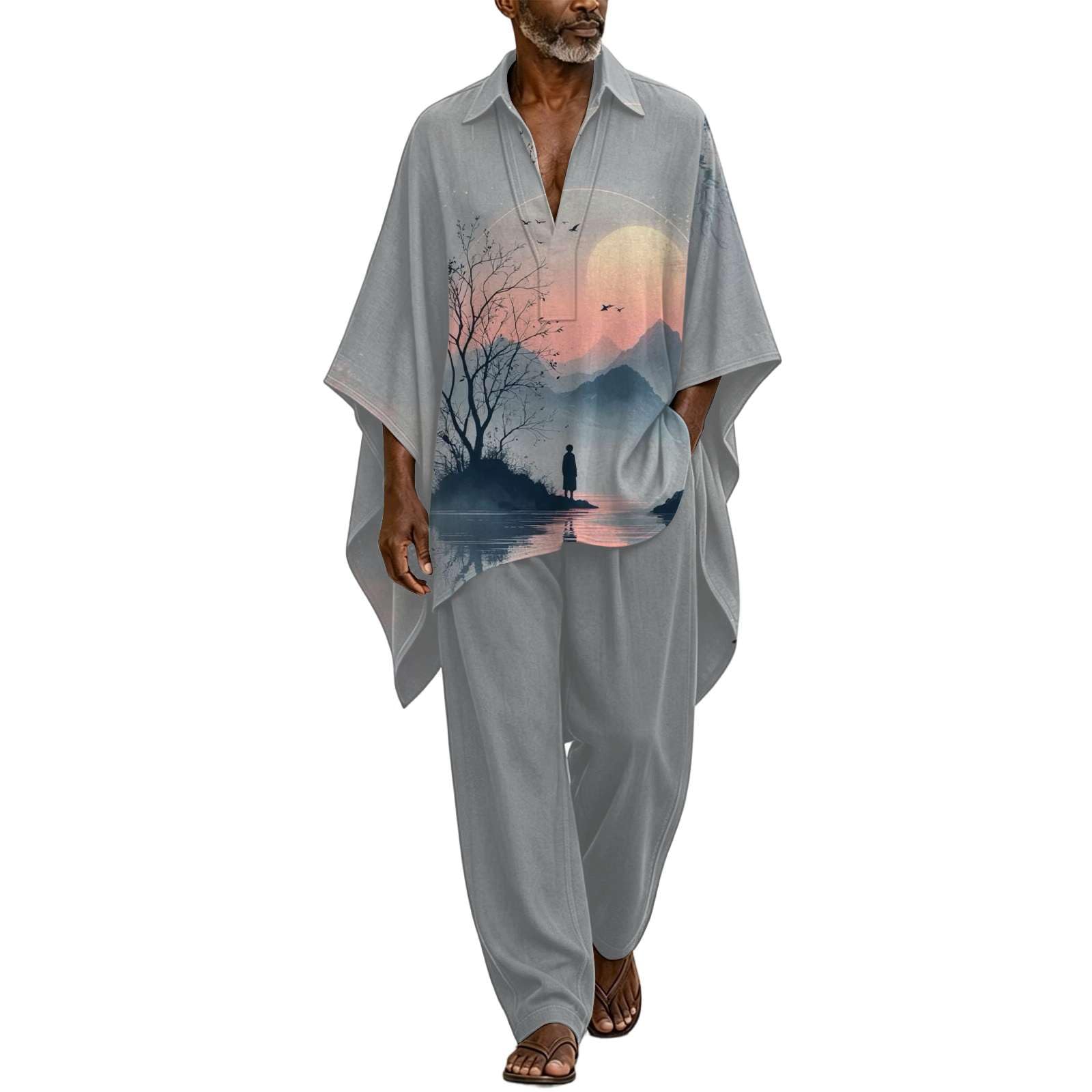 Herren Set Ethno Oberteil und Hose Boho Kaftan Tunika Vintage Loose Retro