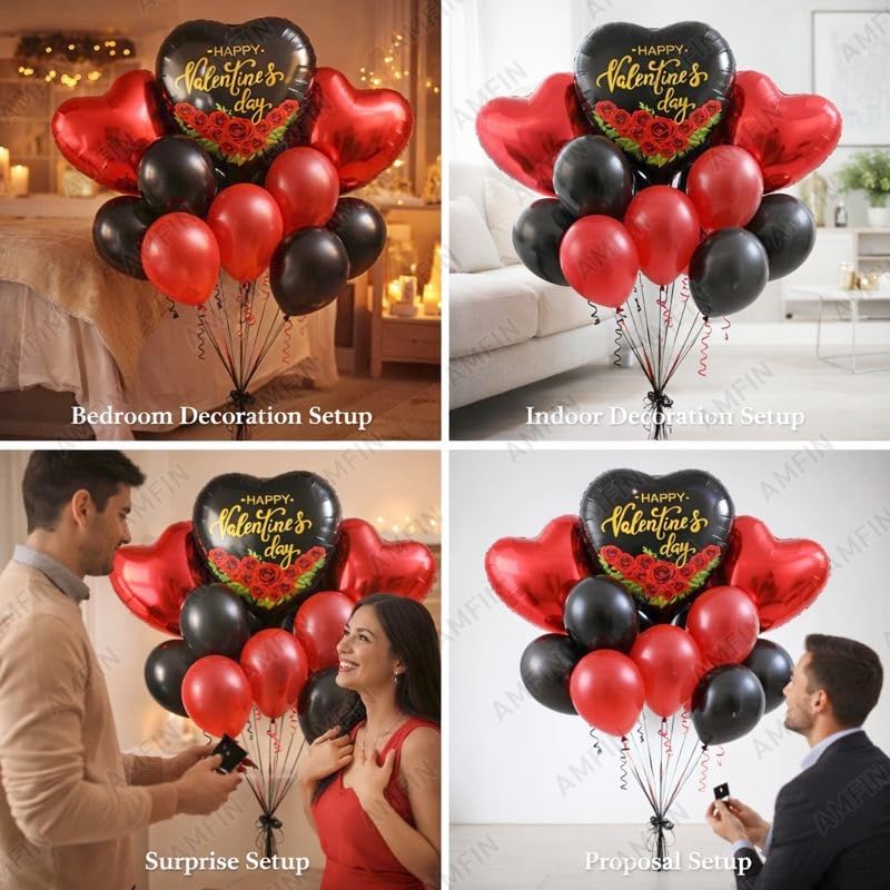 Image of AMFIN (Pack of 9) Happy Valentine's Day Balloon Decoration Set | Romantic Heart Foil Bouquet Metallic Helium Bunch Proposal Anniversary Celebration Party Decor - Red Black