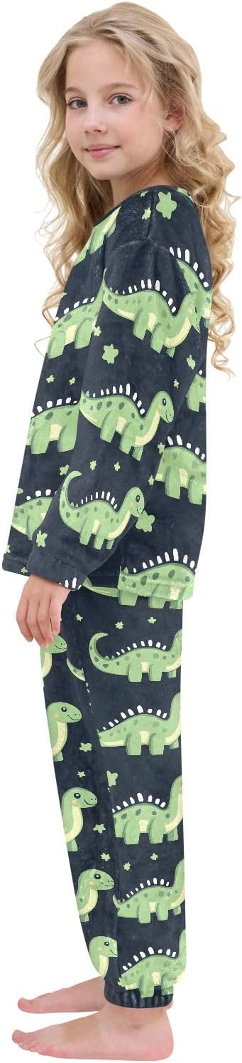 Kids Flannel Sets Cute Green Dinosaur Warm Plush Relaxed Clothing for Boys and Girls