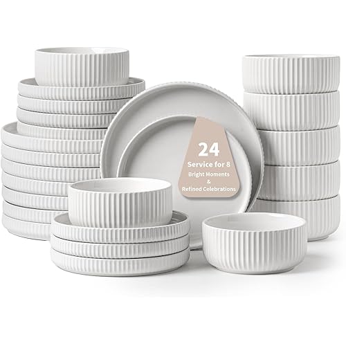 24 Piece White Ceramic Dinnerware Set,Elegant Dish Set for 8 – Plates and Bowls Sets for Hosting, Home Wellness & Clean Aesthetic Dining