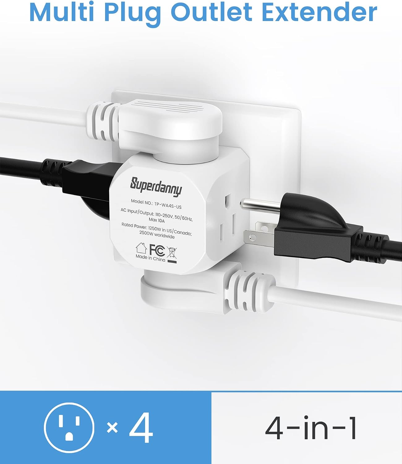 【2 Pack】 Multi Plug Outlet Extender, SUPERDANNY 1-to-4 Electrical Outlet Splitter, Cube Wall Plug Outlet Adapter, Plug Extender for Dorm, Home, Bathroom, Cruise, Travel Essentials