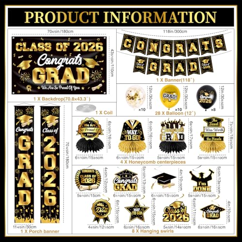 Graduation Decorations 2026 Black & Gold Party Set with Coupon