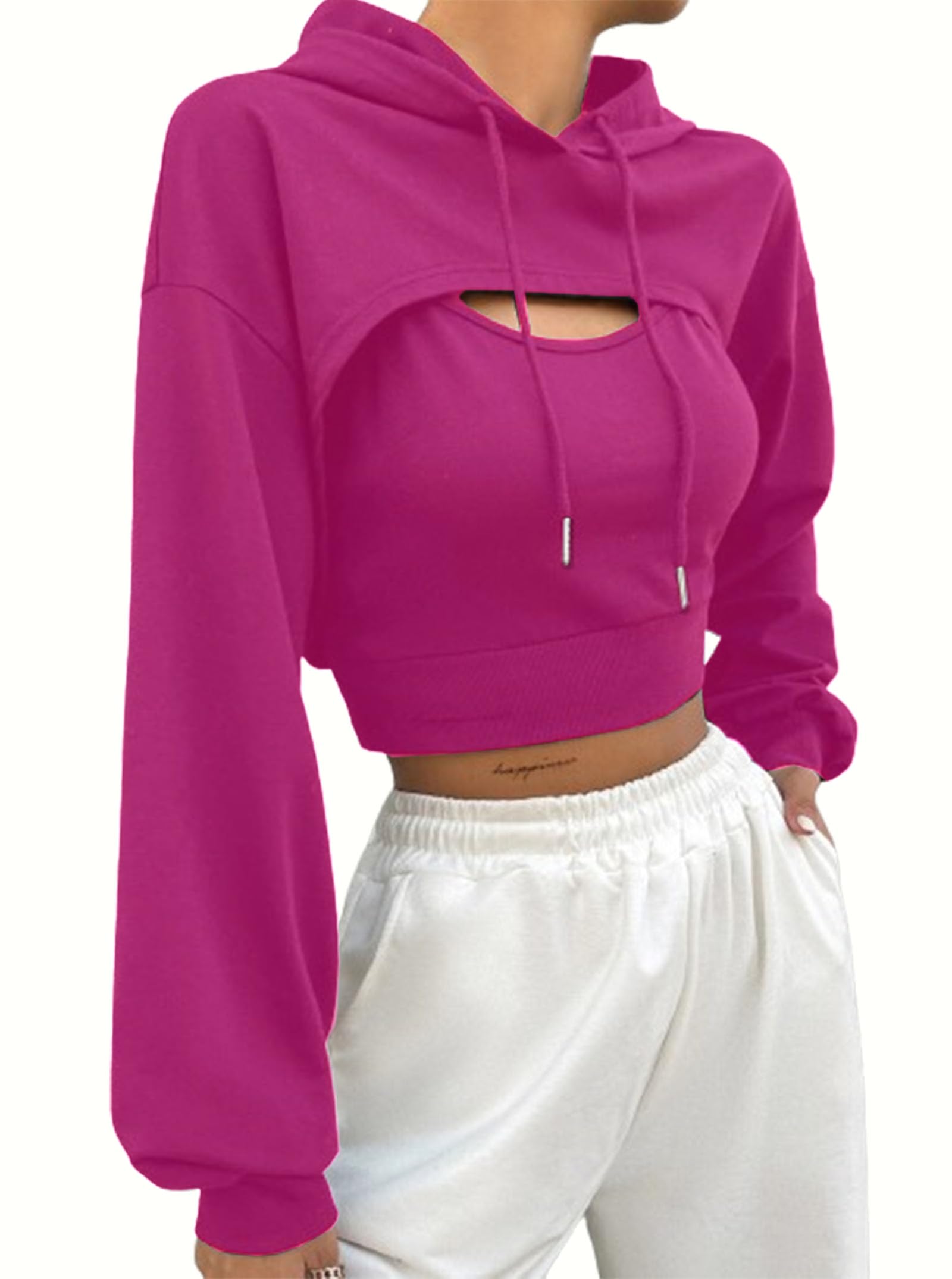Hilinker Women's Long Sleeve Cropped Hoodie Workout Drawstring Super Crop Tops without Camisole: Small Hot Pink