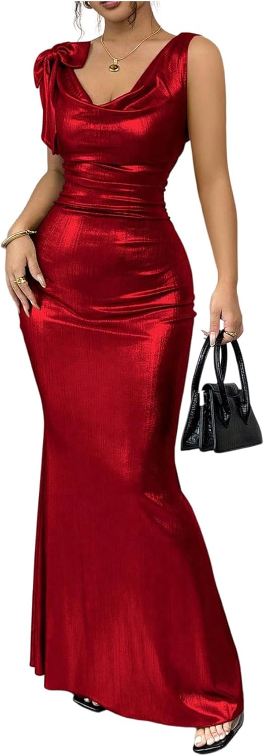 SHENHE Women's Sexy Open Back Shiny Metallic Maxi Dress Cowl Neck Bow Bodycon Cocktail Party Dress Large Red
