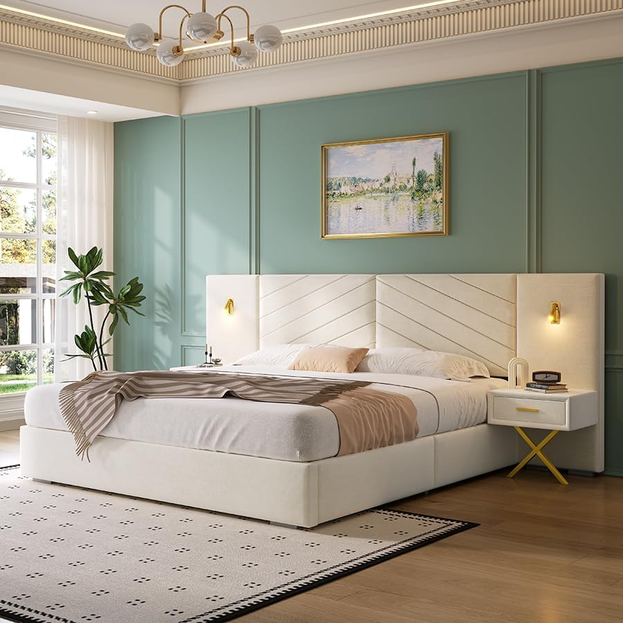 Luxurious King Platform Bed Frame, Velvet Upholstered Headboard with 2 Built-in Wall Sconces & Nightstands, Sturdy Metal & Solid Wood Frame, Squeak-Free, No Box Spring Needed, Beige White