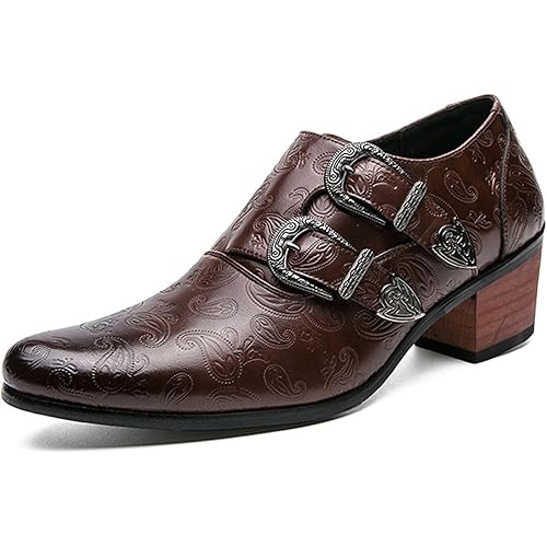 Men Pointed Toe Formal Dress Leather Shoes Personality Monk-Strap Slip-On Oxford Loafer Chunky Heel Arch Support Low Top Bootie