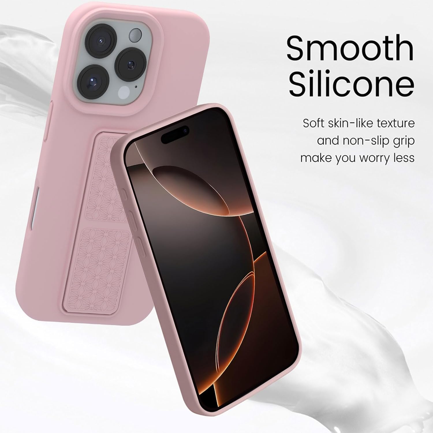 LAUDTEC Silicone Kickstand Case Compatible with iPhone 16 Pro Max, Vertical and Horizontal Stand Hand Strap Metal Kickstand Cover, Flexible Soft Liquid Silicone Stand Case for iPhone 16 Pro Max (Pink) - Image 4