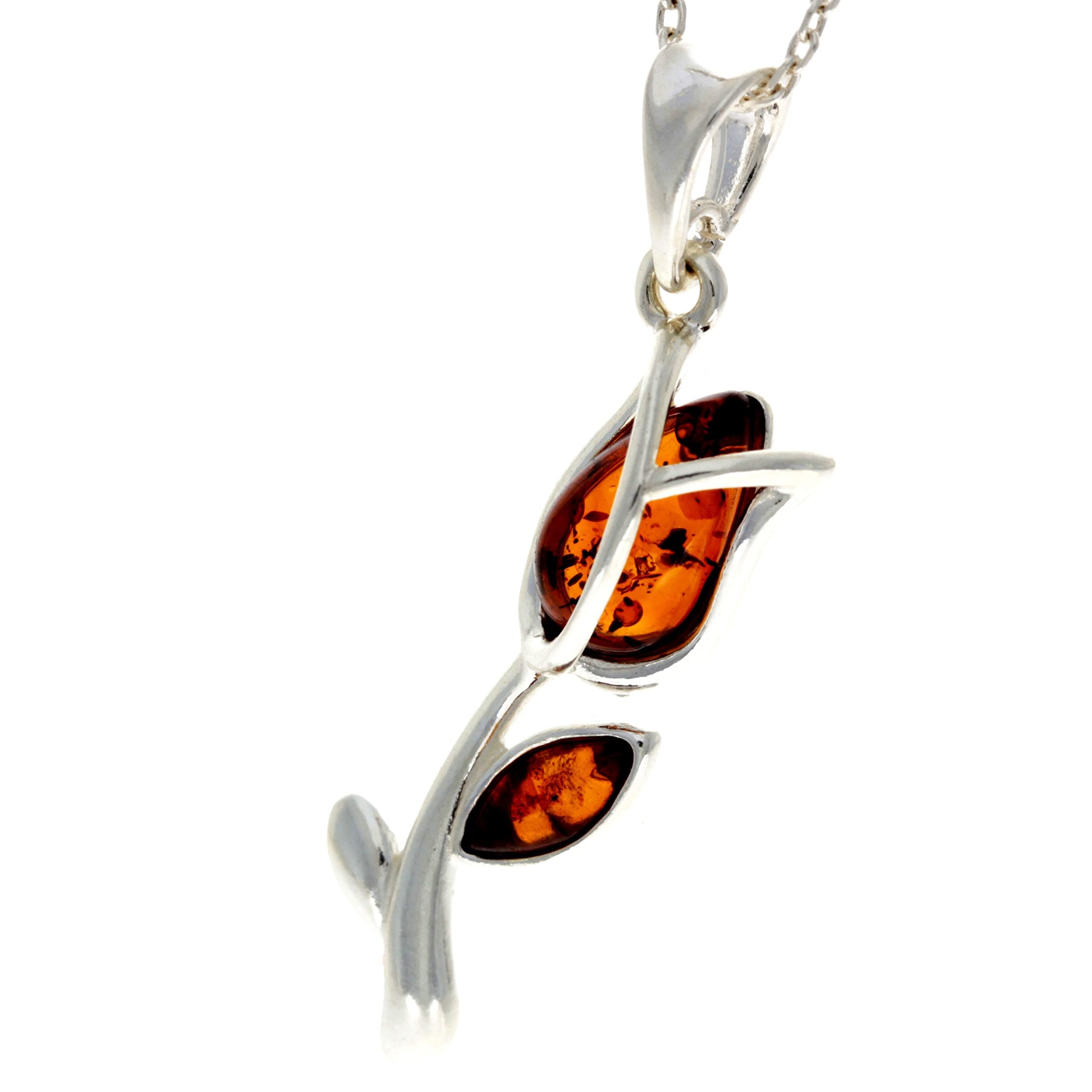 SilverAmber Jewellery Ciondolo moderno a forma di tulipano, in argento Sterling 925 e vera ambra baltica, GL2033