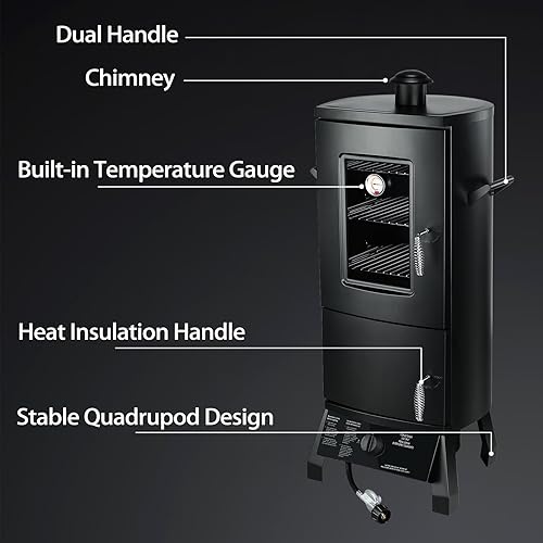 Miniatura 6 de Ahumador de propano, ahumador vertical con tres estantes extraíbles, parrillas al aire libre y ahumadores con termómetro para barbacoa, patio