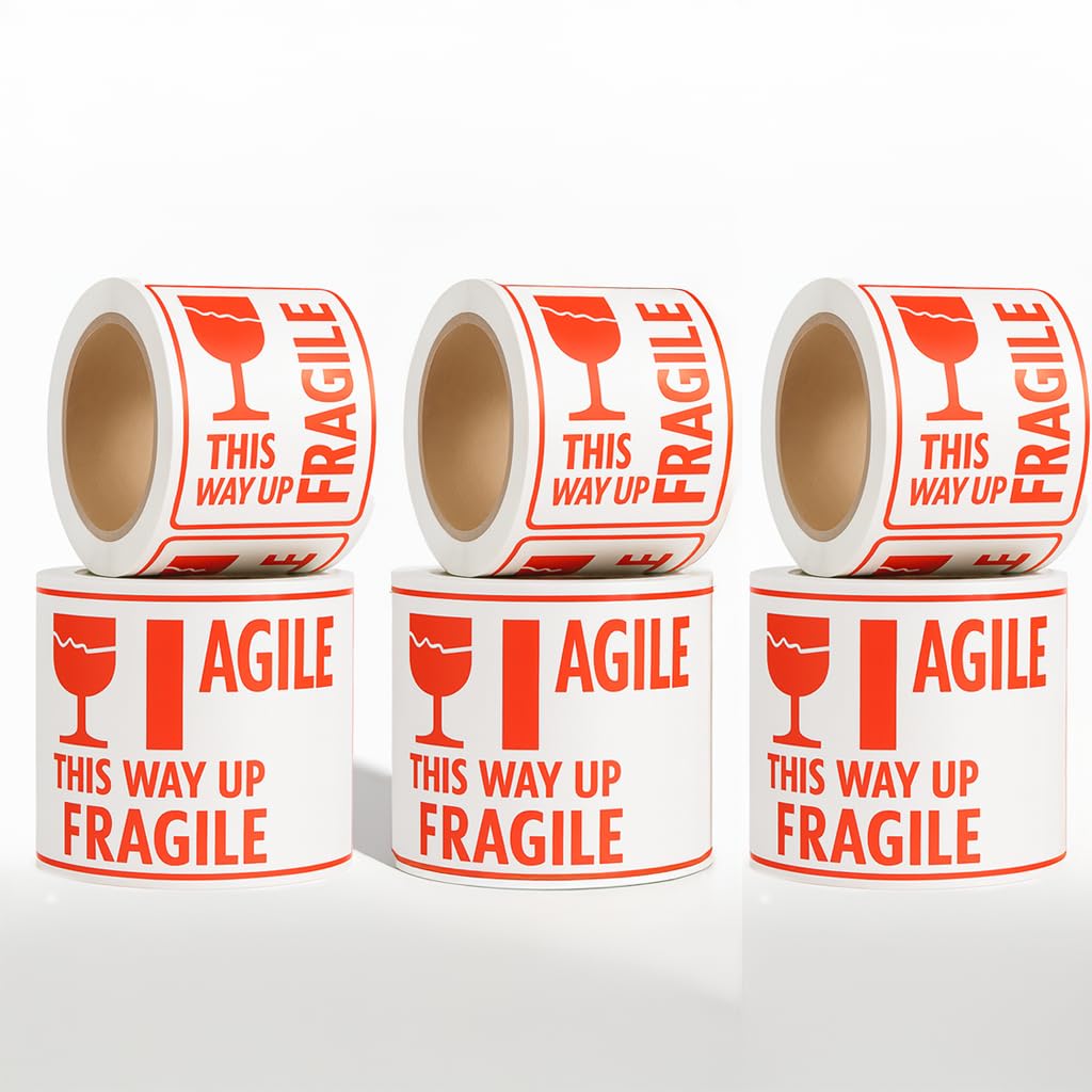 OFITURIA Étiquettes FRAGILE 4x4" – Lot 6 rouleaux (1800 pièces) | rouleau adhésif 101mm pour étiquettes envoi fragile, autocollants expédition et emballage