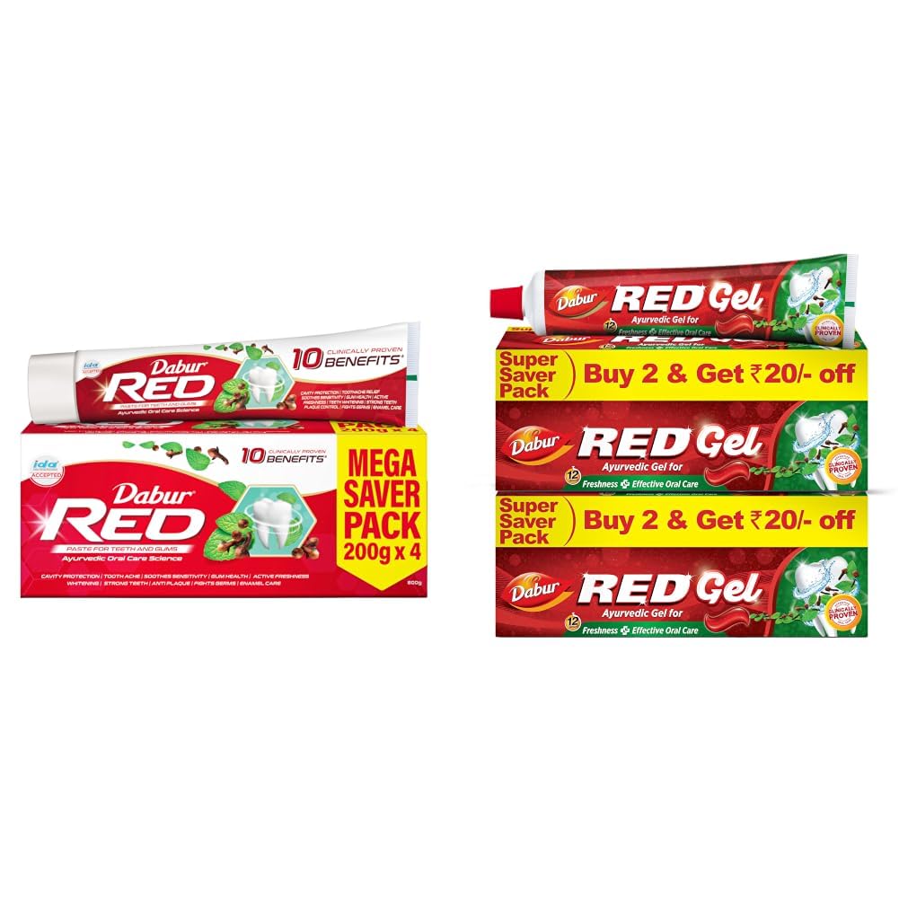 Dabur Red Paste - India's No.1 Ayurvedic Paste, Provides Protection Plaque Removal, Toothache, Yellow Teeth, Bad Breath- 800g (200gm*4) & Red Gel Ayurvedic Toothpaste - 600g (150g x 4)-picture-10