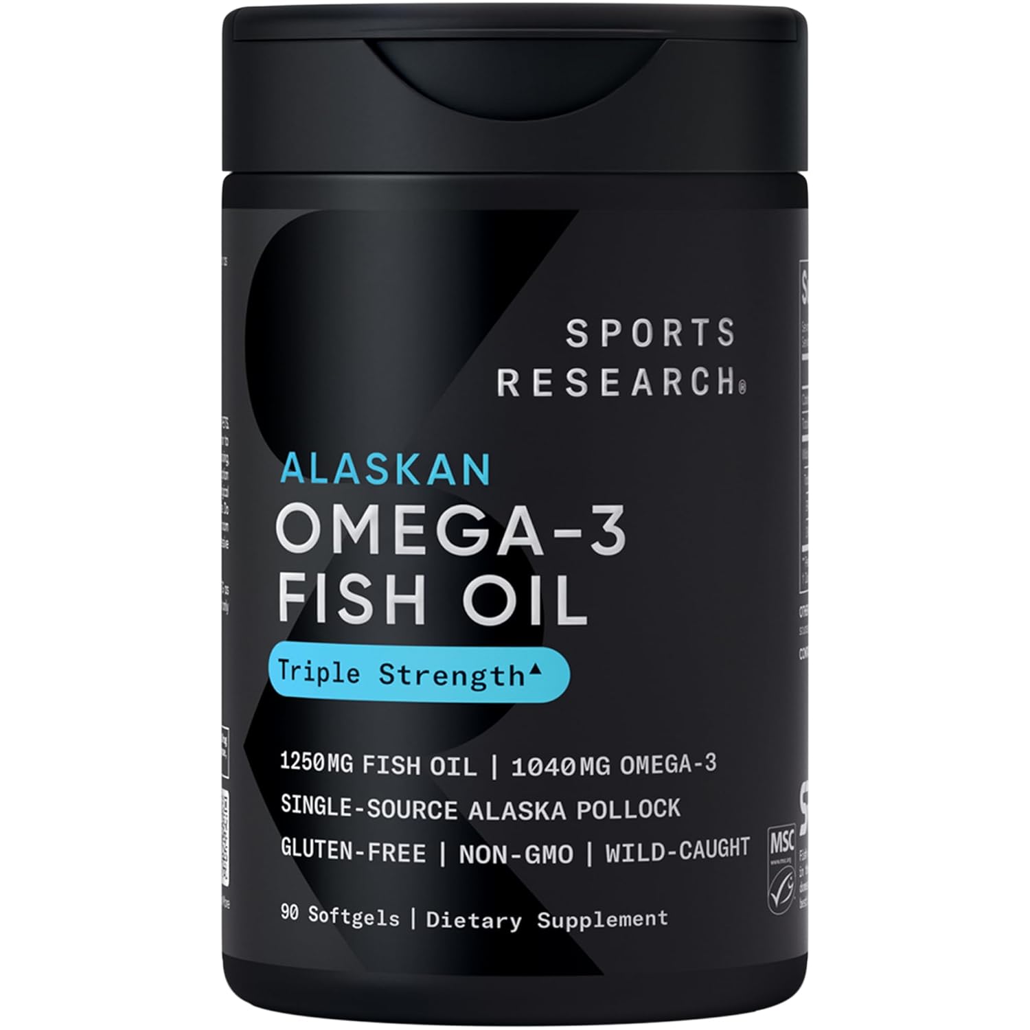 Sports Research Omega-3 Fish Oil 1250 - Triple Strength Fish Oil Supplement from Wild Alaska Pollock - MSC