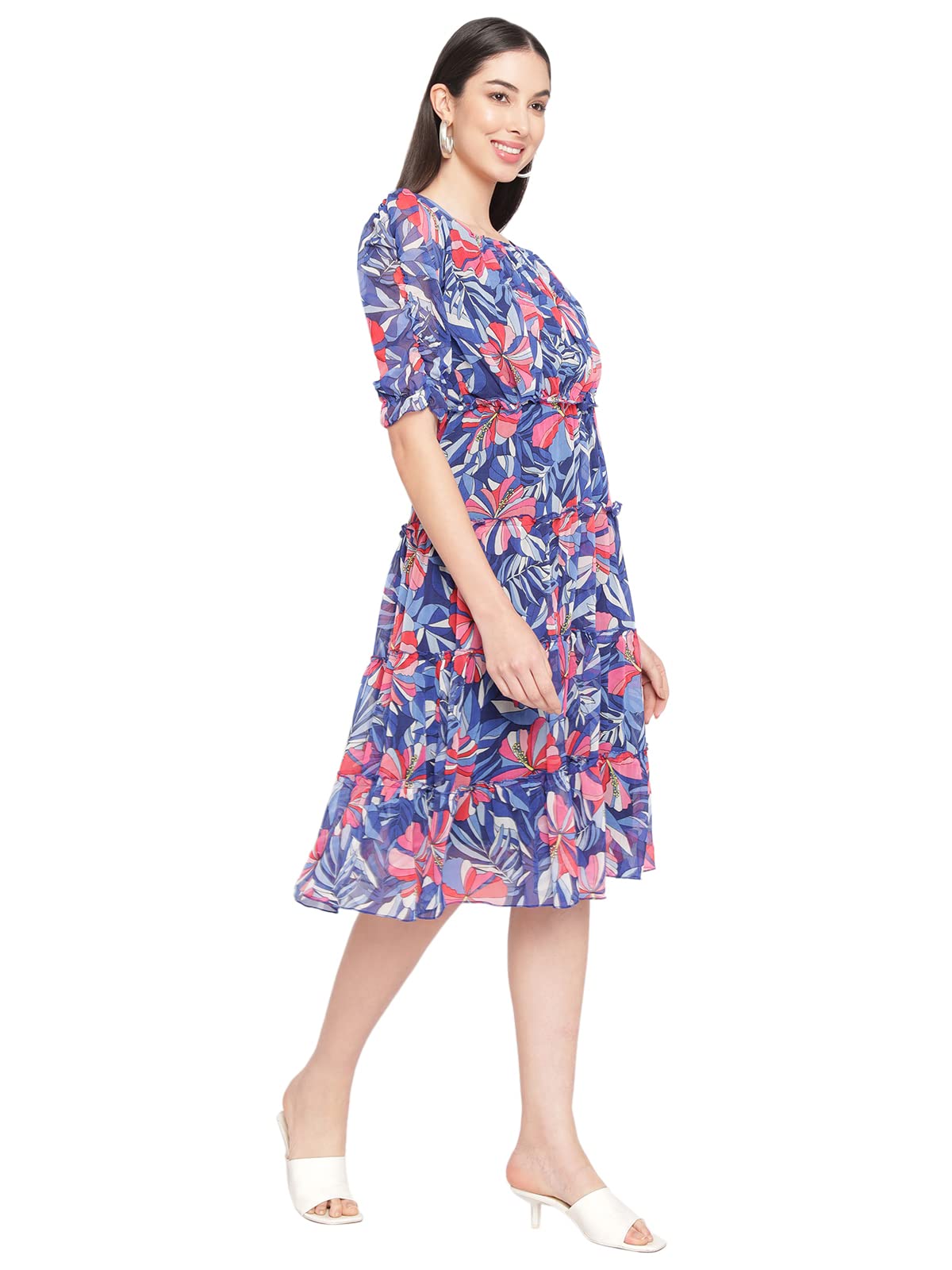 Shasmi Women's Blue Chiffon Solid Floral Sweetheart Neck A-Line Dress For Women (Dress 60 Blue S)