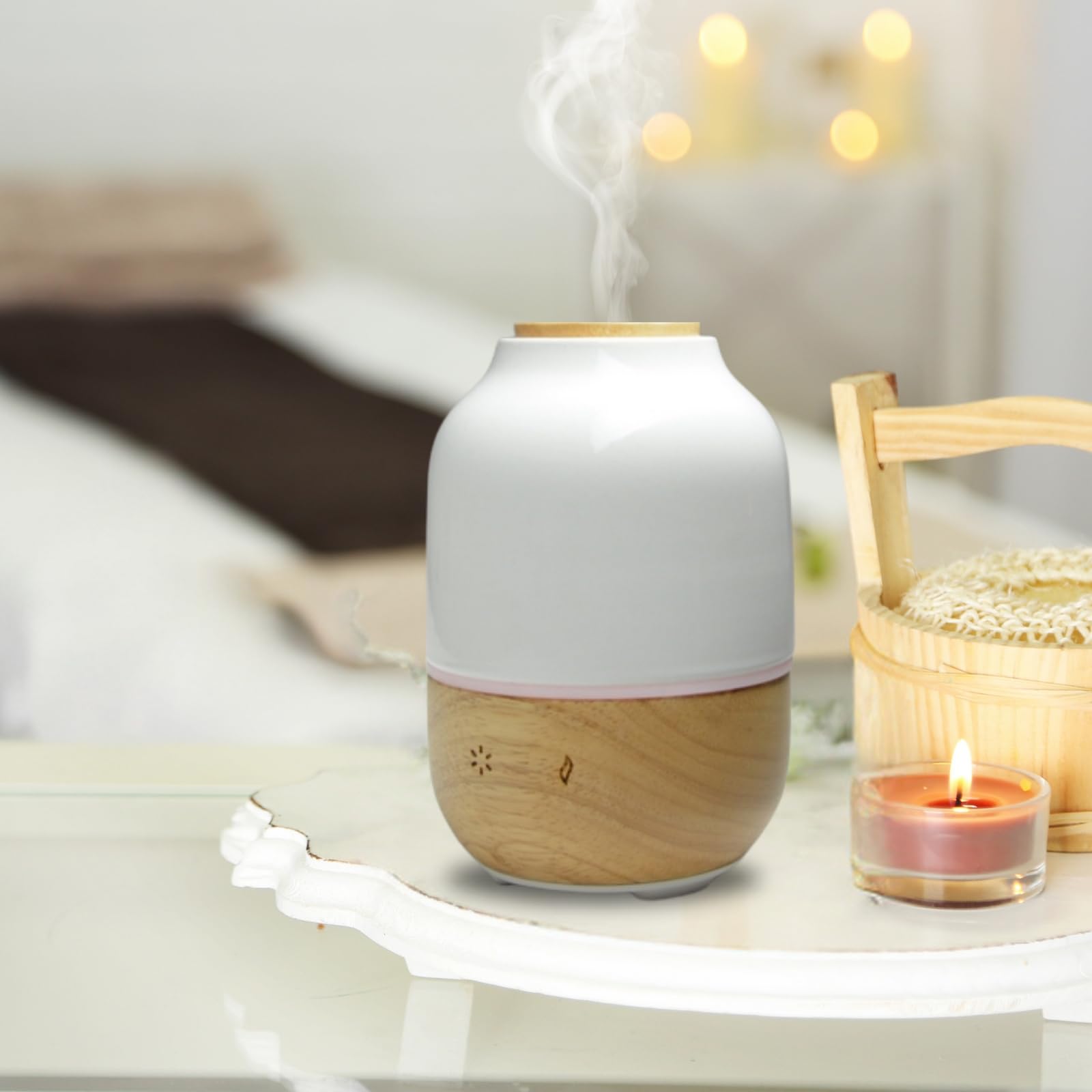 Zen'Arôme - Difusor ultrasónico de aceites esenciales Purisia (hasta 40 m²) - Difusión en frío para aromaterapia - Modo continuo o alternado - Iluminación multifunción - Cerámica y madera