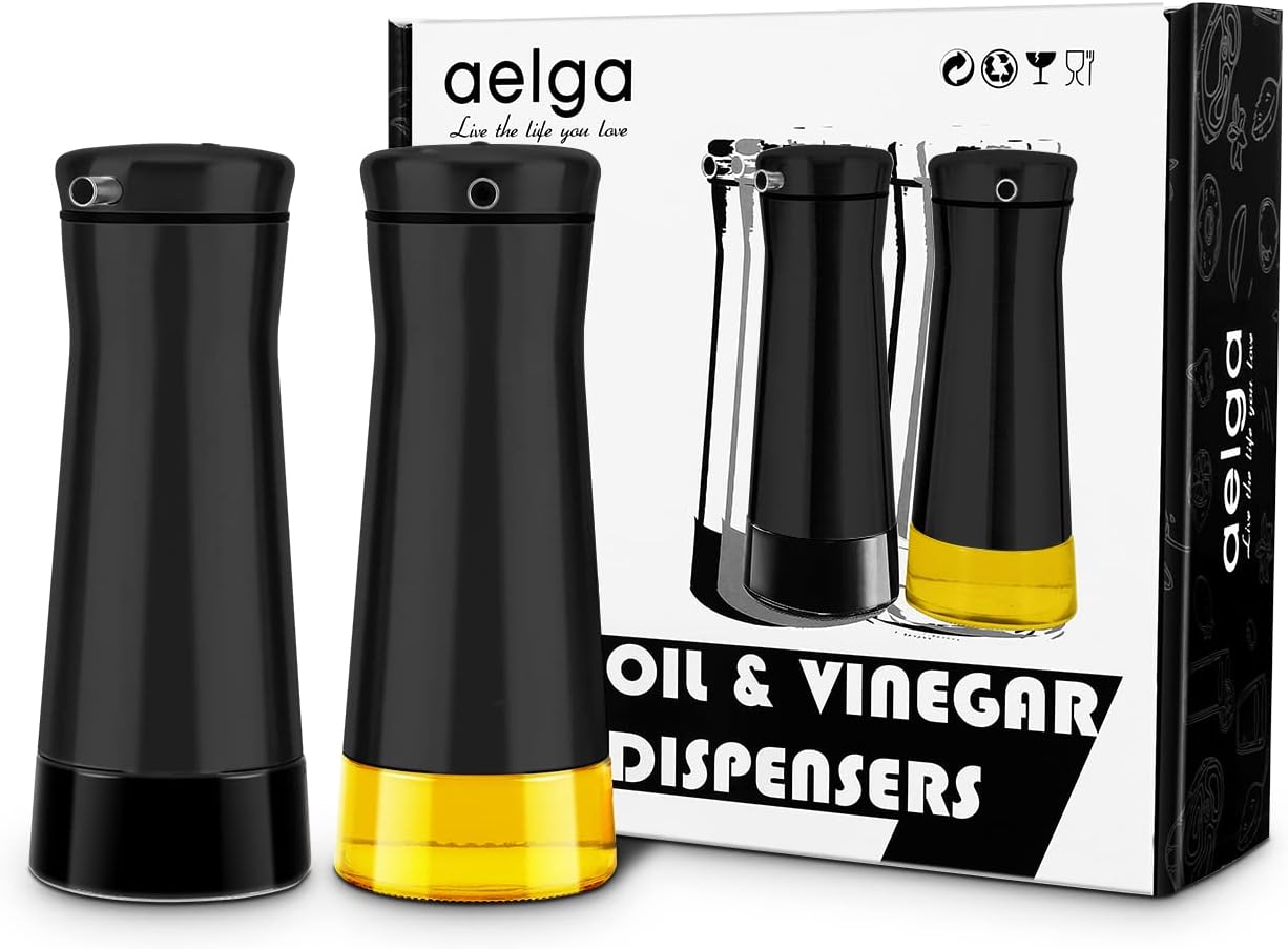 Aelga Black Oil And Vinegar Dispenser Set - 2 Pack Oil Dispenser Bottle for Kitchen with No-Drip - Black Kitchen Decor and Accessories for Home Restaurants Weddings