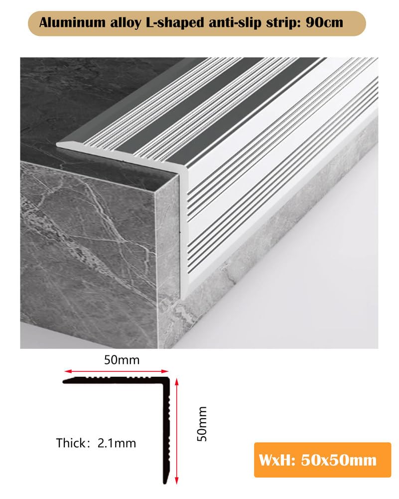 90 cm de aluminio – Protector antideslizante en forma de L para escalones de interior/exterior, 50 x 50 mm, 2,1 mm de grosor, seguro y elegante