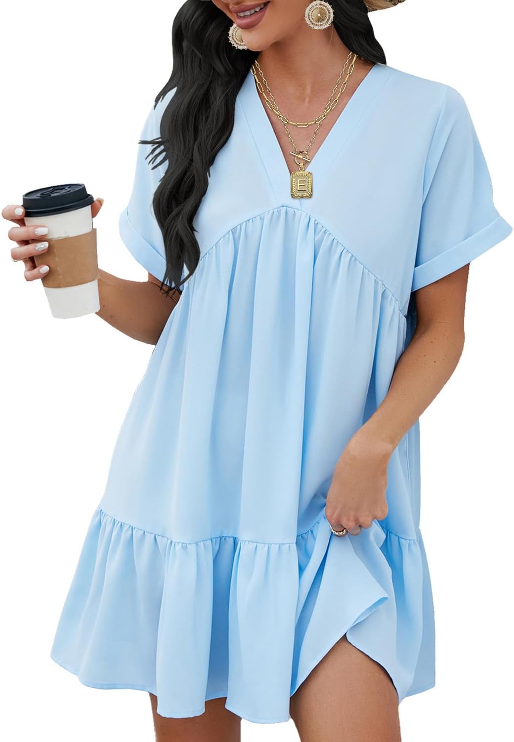Womens Summer Casual Solid Color Dresses V Neck Short Sleeve Sundress Loose Flowy Swing Mini Dress