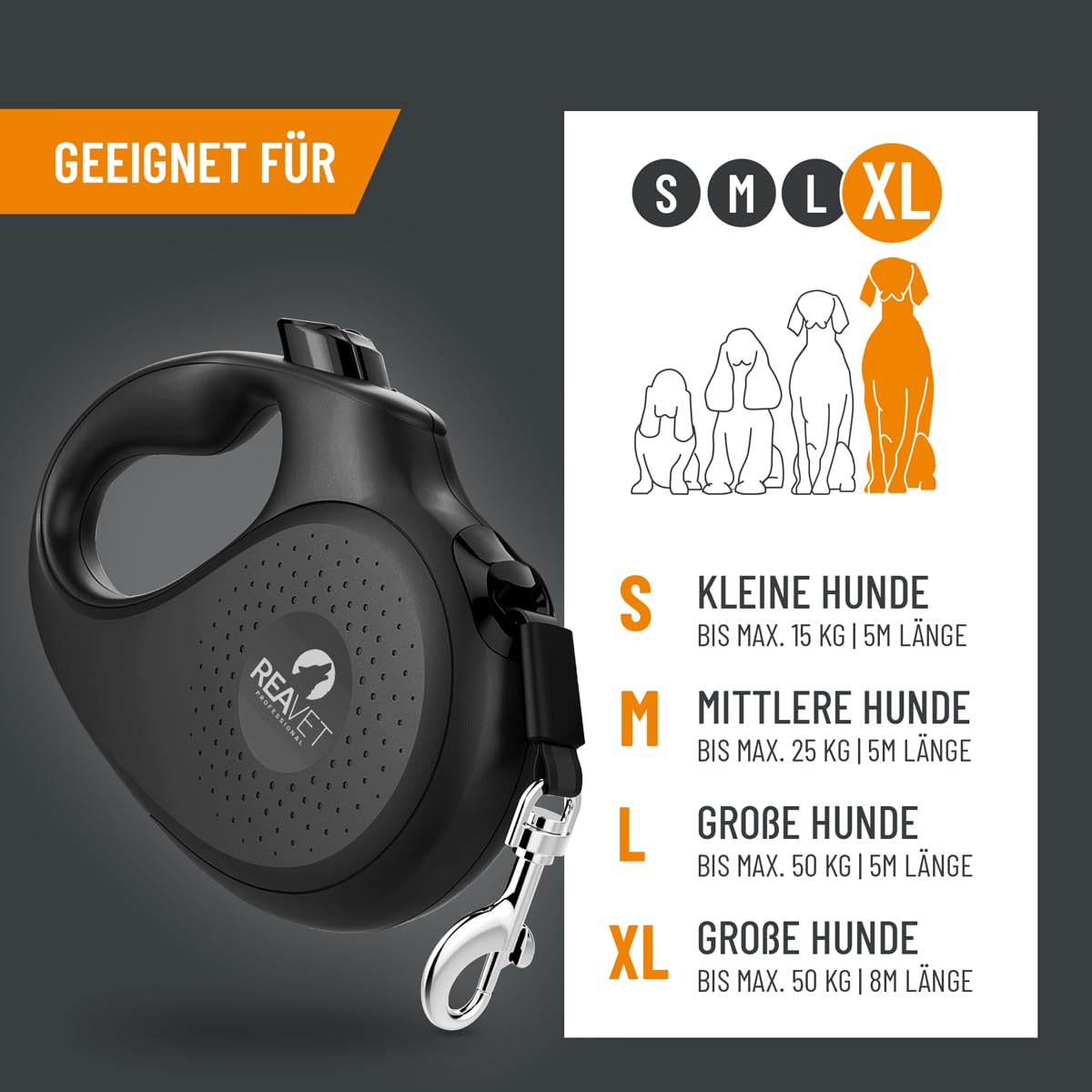 ReaVET Smycz dla psa, wysuwana, 8 m, dla dużych psów (XL) I ergonomiczny i antypoślizgowy uchwyt I smycz dla psa wysuwana, wytrzymała smycz z systemem hamowania i zatrzymywania I smycz dla psa do 50