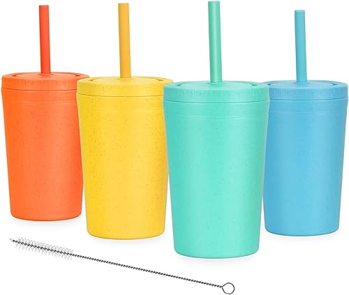 Juego de 4 vasos de paja de trigo reutilizables con tapa y pajitas, vasos resistentes a las virutas de 10 onzas, aptos para lavavajillas, vasos de