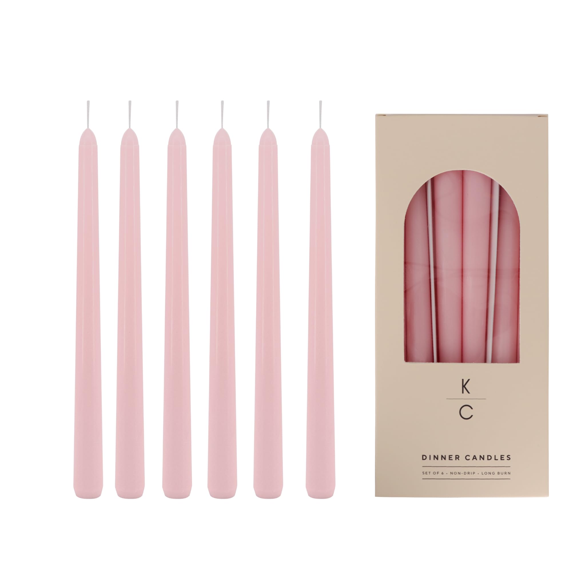Tapered Dinner Candles, Pack of 6 – Soy &amp; Paraffin Wax Blend, 10-Inch Dripless Taper Candles with 7-Hr. Clean Burn – Smokeless Unscented Tapers for Weddings, Dinner Tables &amp; Home Decor – Blush Pink
