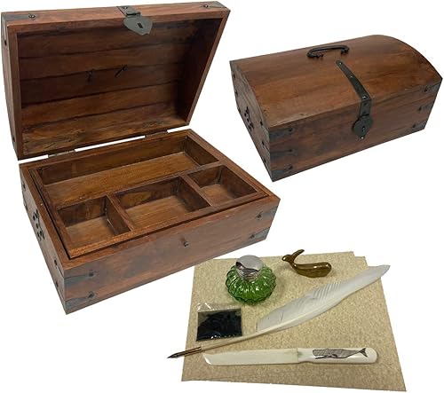 Cofre de escritura de cabrestante marino de ballenero de 14 pulgadas, abrecartas de hueso, pisapapeles de ballena de latón, tinta, tinta, pluma,