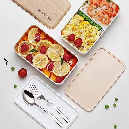Miniatura 2 de Lonchera Bento original estilo japonés de 2 capas con utensilios, cuchara y tenedor, divisor para ensalada para hombres y mujeres (blanco)