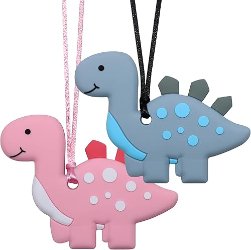Miniatura 8 de Collares masticables para niños sensoriales, collar masticable de dinosaurio de silicona para niños con autismo, TDAH, SPD, collares de masticación