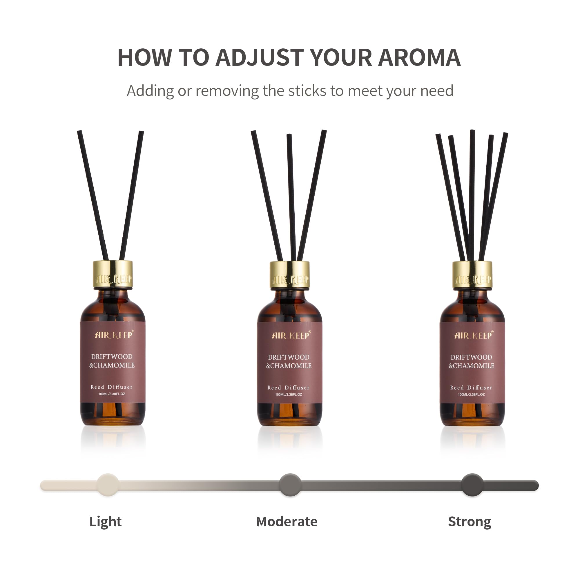 Airkeep Reed Diffuser Set, 3.38 fl oz (100 ml) - Driftwood&Chamomile Oil Diffusers with 8 Reed Sticks, Home Fragrance Reed Diffuser for Bathroom Shelf Decor