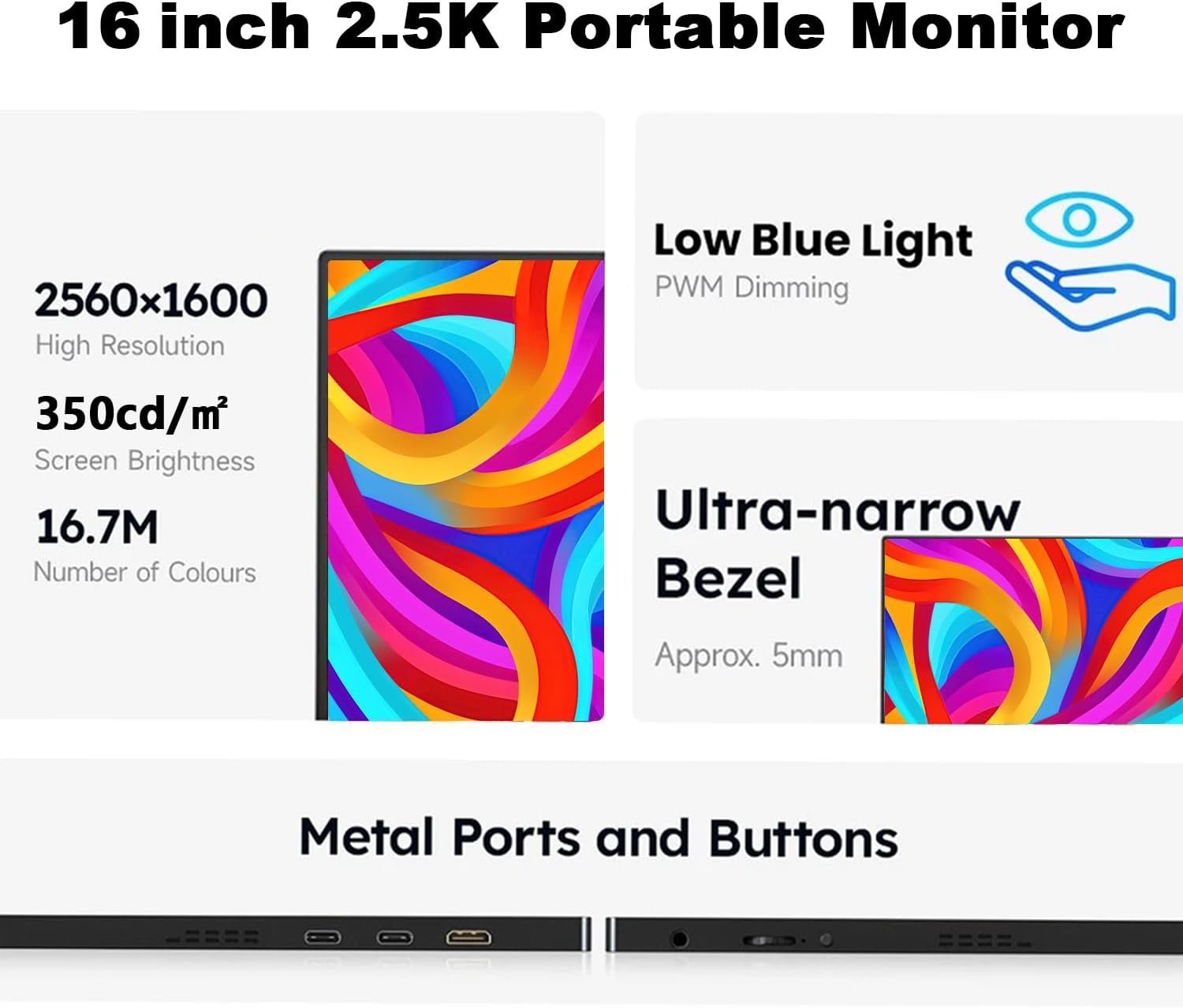 16" 2K 120Hz Portable Gaming Monitor, 2560x1600 QHD 400 Nits IPS Screen with Smart Cover, VESA Mountable, HDR FreeSync Eye Care External Display for Laptop PC Mac Phone PS5 Xbox - Image 2