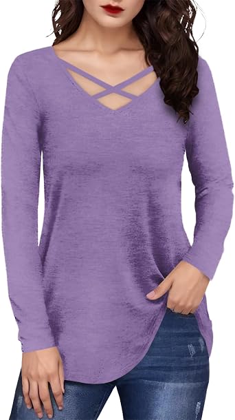 MARSVOVO Summer Tops for Women Criss Cross Strappy V Neck Long Sleeve Casual Trendy Blouses Graphic Outfits Clothes